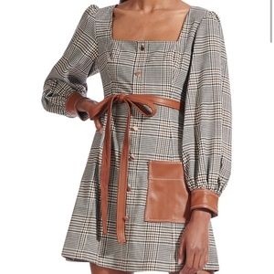 STAUD Oz Plaid Faux Leather-Trim Dress